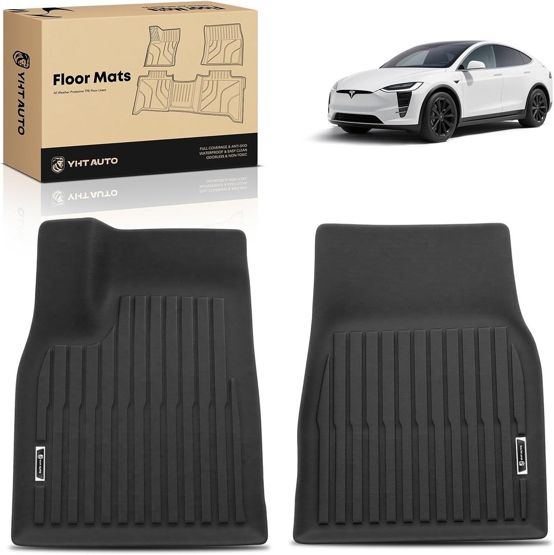 YHTAUTO Automotive Floor Mats for Tesla Model X 2022-2026 (6-Seater) | TPE All Weather Car Mats, Anti-Slip & Custom Fit Floor Liners | 1st Front Row, Black, Set of 2