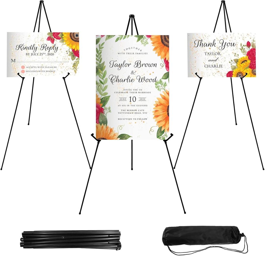 JEAWIWI 3PCS Black Easel Stand for Wedding Sign Stand, 66 Inch Lightweight Adjustable Art Easel for Display, Wedding Sign, Poster, Black Metal Easel with Portable Bags