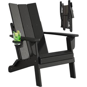 Folding Adirondack Chairs, All-Weather Resistant HDPE Patio Firepit Chairs, Sturdy Outside Chairs with Cup Holder, Pre-Installed Lawn Chairs Load Capacity 385lb for Backyard, Black (1 Pack)