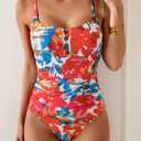 B2prity One Piece Swimsuit for Women Tummy Control Retro Bathing Suit Button Up Slimming Swimwear (X-Large, Red Floral Print)