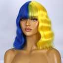 Blue and Yellow Wigs for Women Short Curly Wavy Cosplay Wig With Bangs Heat Resistant Synthetic Wigs for Daily Use With Wig Cap