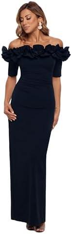 Xscape Women's Long Off The Shoulder Scuba Crepe Dress (Reg and Petite), 10P, Navy 