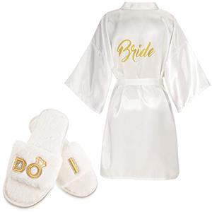 Jiuguva Bride Robe and Slippers for Wedding Day Bridesmaid Bridal Shower Gifts for Bachelorette Party (M, White)