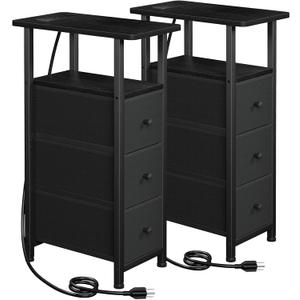 LOAKEKEL Narrow End Tables Living Room Set of 2 with Charging Station, Skinny Side Table with Fabric Drawers, Slim Nightstand for Bedroom, Small Spaces, Couch, Black, HETNDP03BK