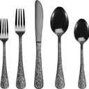 Runfly Vintage Carved Black Stainless Steel 20 Pieces Flatware Set, Black Silverware Set, Modern Embossed Cutlery Set Utensils Including Fork Spoon and Knife
