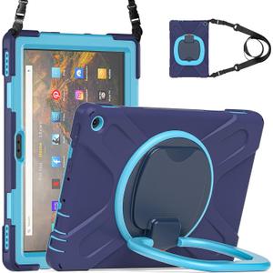 All-New Fire HD 10 & Fire HD 10 Plus Tablet case for Kids(2021 Release,11th Generation),Heavy Sturdy Shockproof Kids Case,Rotating Stand/Carrying Strap, Navy Blue+Blue