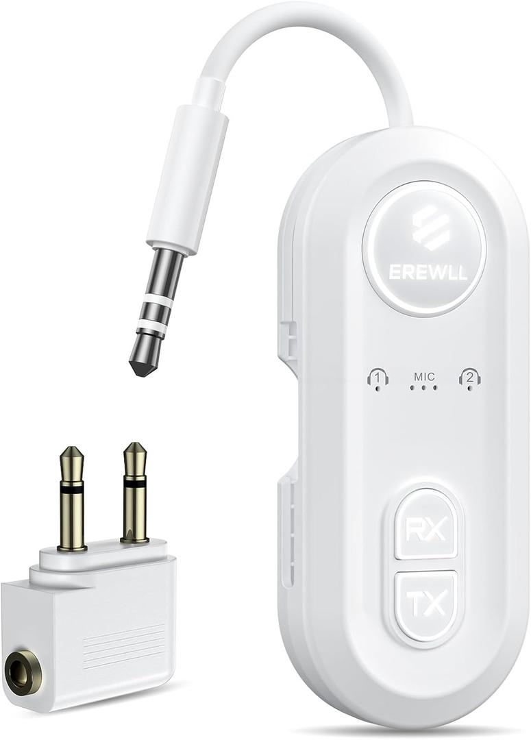 Upgraded Bluetooth 5.4 Transmitter Receiver, Airplane Bluetooth Adapter with Qualcomm aptX Adaptive, Supports 2 AirPods/Headphones, Wireless Audio Transmitter for TV, Travel, Car & Gym, Cable Storage (White)