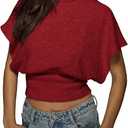 Women's Y2K Dolman Sleeve Tops Cinched Waist Going Out Tops Cap Sleeve Crop Shirt Casual Fall Spring Summer Shirt XS