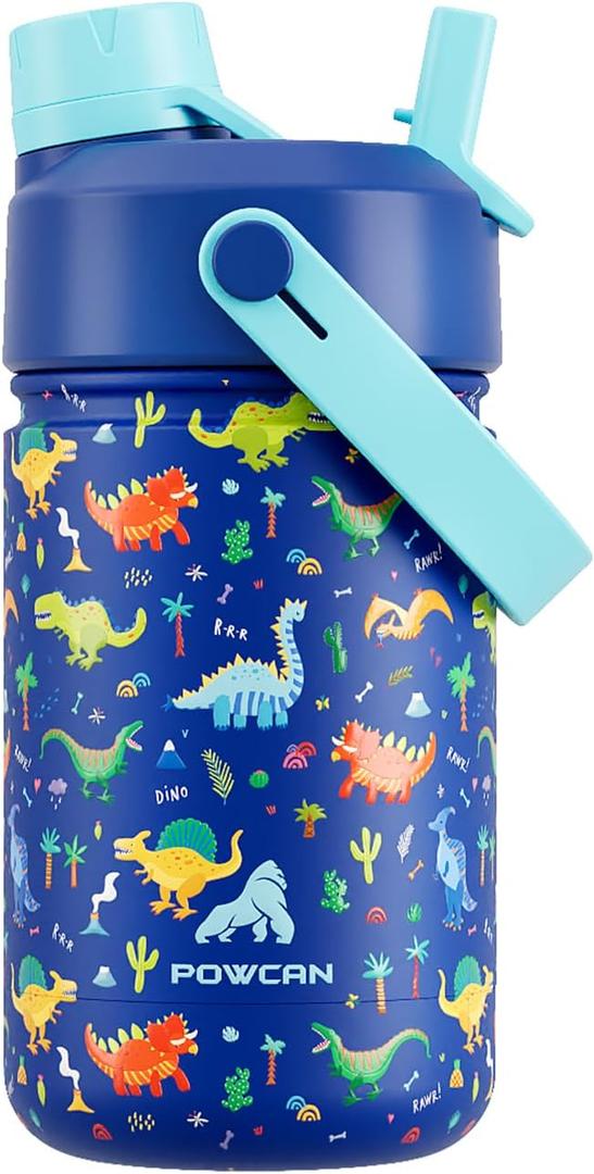 12 oz Kids Stainless Steel Water Bottle: Spill-Proof, Insulated Cup with Straw Spout Lid, BPA-Free, Car Cupholder Friendly, Durable, 24H Cold for Camping, Sports, Birthday Gift for Boys (Dinosaur-Era)