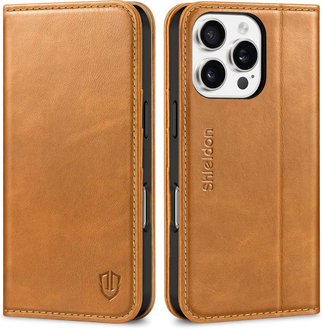 SHIELDON Wallet Case for iPhone 16 Pro 6.3" 2024, Genuine Leather Foldable Magnetic Closure Kickstand RFID Blocking Card Slots Shock-Absorbent Cover Compatible with iPhone 16 Pro 5G - Oily Brown