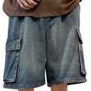 EMMIOL Baggy Jean Shorts Men, Y2k Jorts Cargo Ripped Elastic Waist, Mens Denim Shorts Comfy Casual Streetwear Summer (S)