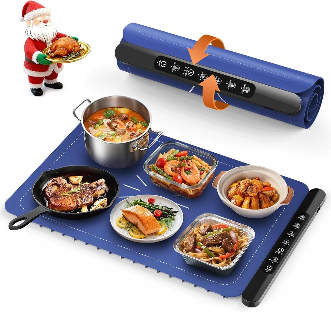 Warming Mat for Food, Silicone Electric Warming Tray with 4 Adjustable Temps & Timer, Food Warming Mat for Countertop, Foldable Portable Food Warmer Mat for Buffets, Parties, Kitchen, Family (Blue)