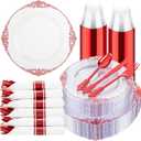 Hioasis 175pcs Clear and Red Plates - Red Party Plates for 25 Guest, Include 50 Heavy-duty Plates(20% Thicker Than Standard), 25 Pre Rolled Gold Plastic Silverware Set, 25 Cups