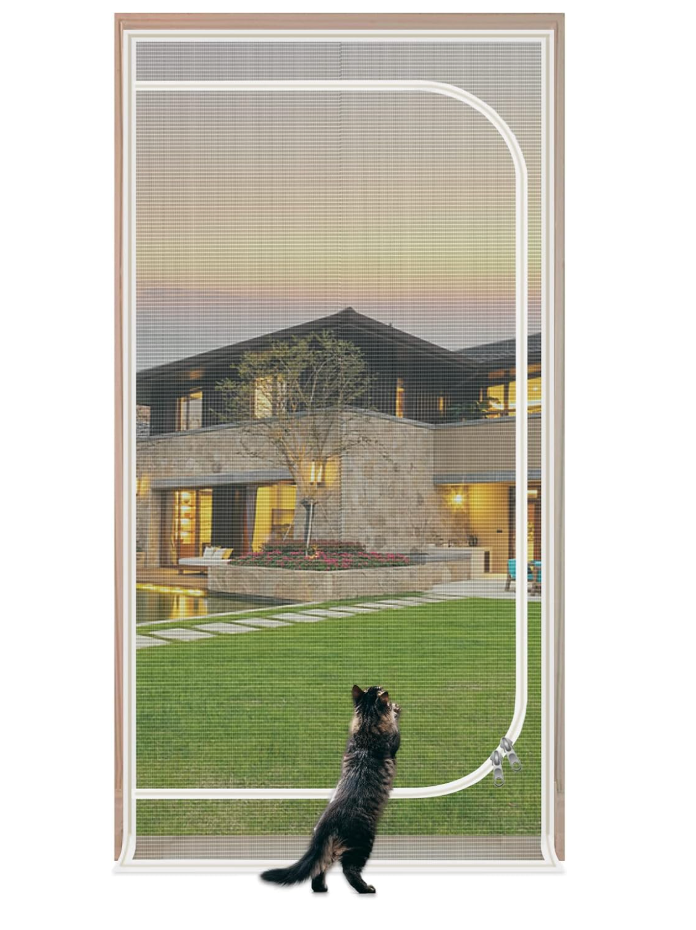 QWR Reinforced Cat Screen Door,Fits Door Opening Size 32''x 80'',Thickened Cat Proof Screen Door Mesh with Zipper Closure for Living Room,Kitchen,Bedroom.
