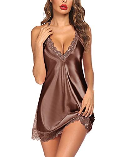 Avidlove Women Lingerie Satin Sleepwear Lace Chemise V Neck Nightwear Mini Slip Nightgown Brown Large