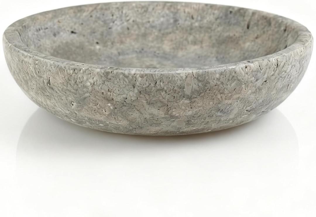 Silver Gray Travertine Bowl, 7.8" Modern Natural Stone Centerpiece for Industrial Home Decor, Handmade Fruit Bowl, Futuristic Tabletop Sculpture,Kitchen Counter, Entryway & Office Desk Organizer