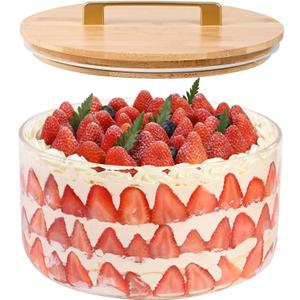 9 inch Large Salad and Trifle Bowl Glass with Lid, 155 oz Versatile Mixing and Serving Dish for Fruit, Laying Ice Cream, Cake, Cupcake, Baking, and Dessert, Microwave Safe (Clear - SEALED LID)