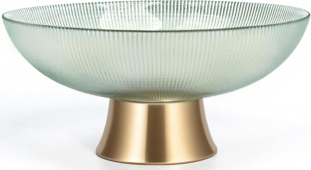 Round Glass Decorative BowlGreen, 9.8 Inches Handblown Striped Design Fruit Bowl with Rust-Resistant Metal Base for Home Decor, Table Centerpiece, Kitchen Island and Dining Decor