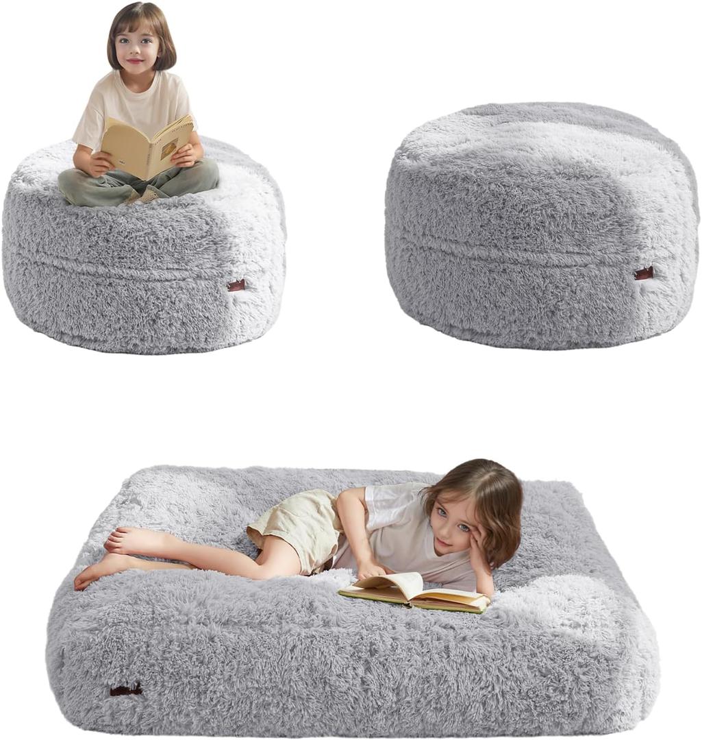 MAXYOYO Bean Bag Chair Bed for Kids, Convertible Bean Bag Folds from Lazy Chair to Floor Mattress Bed, Stuffed Floor Sofa Couch for Boys and Girls, Machine Washable, Grey