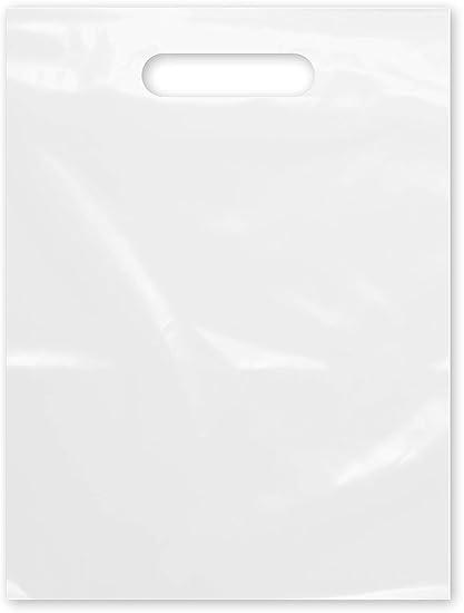 Purple Q Crafts Plastic Bag With Die Cut Handle Bag 12" x 15" White Plastic Merchandise Bags 100 Pack for Retail, Gifts, Trade Show