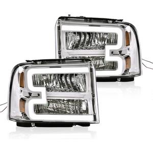 Headlight Assembly with LED DRL Bar Compatible with 2005 2006 2007 Ford F250 F350 F450 F550 SuperDuty Headlamp(Clear lens Chrome Housing Amber Reflector)