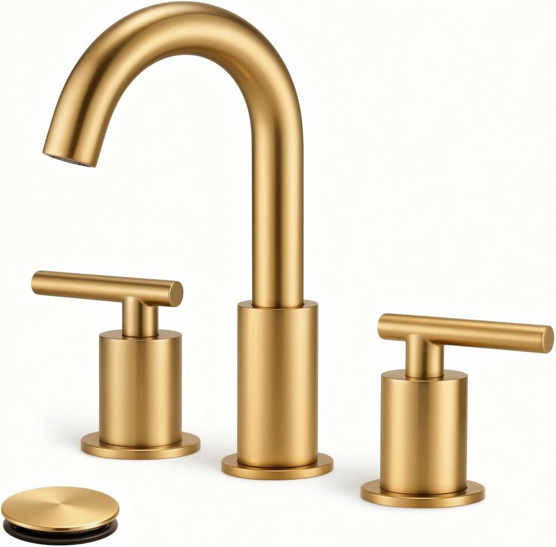 Bathroom Faucet 3 Hole, 8 Inch Widespread with Pop-up Drain, 2 Handle Sink Faucet, Modern Vanity Faucet for Bathroom Sink with 360 Swivel Spout Brushed Gold