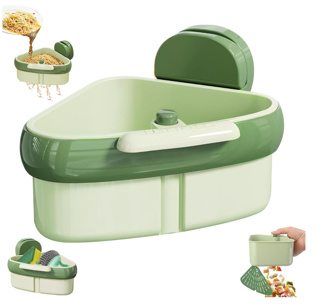 Plman Sink Strainer Basket, 2025 New Upgraded Suction Cup Sink Corner Rack, Triangle Suction Cup Press Sink Drainer Basket, Automatic Dumping Corner Sink Trash Catcher for Kitchen Bathroom (Green)