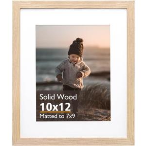 KINLINK 10x12 Picture Frame, Natural Solid Wood Frame with Acrylic Plexiglass for 7x9 with Mat or 10x12 without Mat, Tabletop and Wall Mounting Display Photo Frame 1 Pack