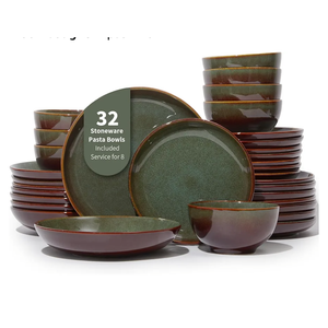 Pokini 32 Piece Double Bowl Dinnerware Sets with Pasta Bowls, Highly Chip and Crack Resistant Plates and Bowls Sets, Natural Earthyware Ceramic Dishware Sets, Service for 8 Brown Green