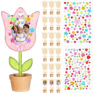 Tellingyou 18 Pcs Spring Craft Bulk Mothers Day Crafts for Kids Classroom Spring Flower Picture Frame Kit Flower Pot DIY Wood Picture Frames with 2 Gems Stickers Gift for Family Kids(Tulip Shape)