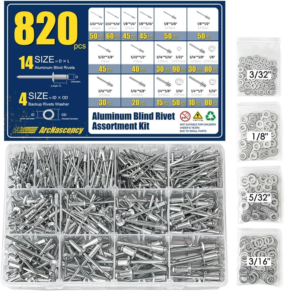 820pcs Pop Rivets Assortment Kit, Aluminum Blind Rivets (14 Sizes: 3/32", 1/8", 5/32", 3/16", 1/4"), with 304 Stainless Steel Washers and Storage Case, Silver