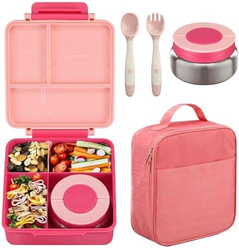 Bento Lunch Box Set for Kids with 8oz Soup Thermo, Leak-Proof Lunch Containers with 4 Compartment, Kids Thermo Hot Food Jar and Insulated Lunch Bag for Kid to School-Pink