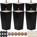 4 Inch / 10 cm Wooden Furniture Legs, Set of 6 Solid Wood Mid-Century Modern Pyramid Replacement Feets with 5/16 inch Bolt & Rubber Floor Protectors for DIY Ottoman TV Stand Black