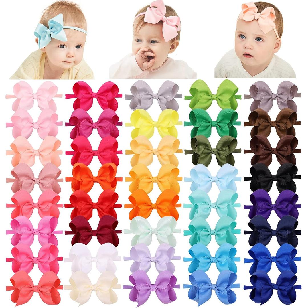 jollybows 40pcs 4inches Baby Girls Grosgrain Ribbon Hair Bows Headbands Nylon Elastic Hair Band Hair Accessories for Infants Newborn