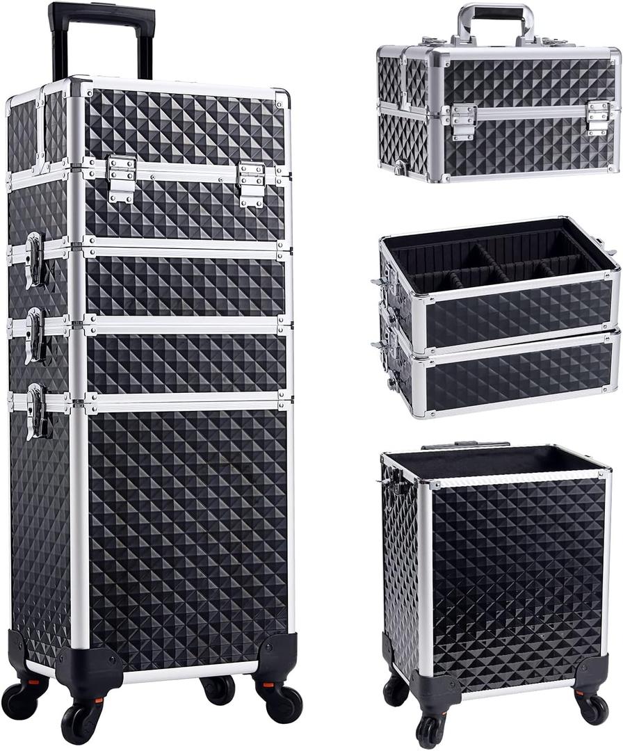 Adazzo 4 in 1 Rolling Makeup Case Cosmetic Train Case Trolley Roll Travel Box for Makeup Artist, Hairstylists, Nail Tech Makeup Cart with Key Swivel Wheels Barber Case Traveling Trunk Black