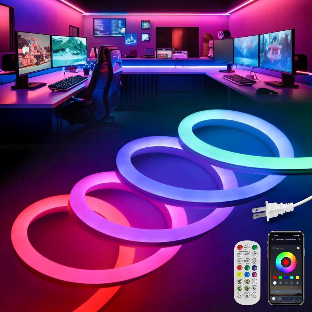 VOEWT LED Neon Lights, IC+RGB 9.8FT Rope Lights Control with App/ Remote, Multiple Modes, DIY Design, Outdoor IP65 Waterproof, 24V Flexible LED Strip Lights for Bedroom, Gaming, Party Decoration