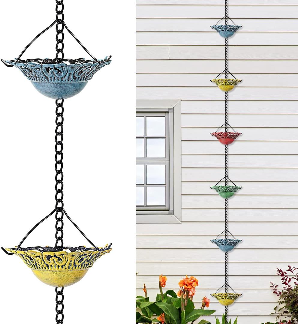 Tfro & Cile Rain Chain Gutter Downspout Colorful Catcher Outside Water Diverter Decorative Garden Rain Cups Chime Home Decor - 8 1/2 Ft Length