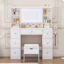 Viaozutis Vanity Desk with Mirror & LED Lights, Built-in Power Outlet, Dimmable LED Lighting, 7 Drawers & 7 Storage Compartments, Includes Padded Stool – Ideal Table for Bedroom Dressing Room (White)