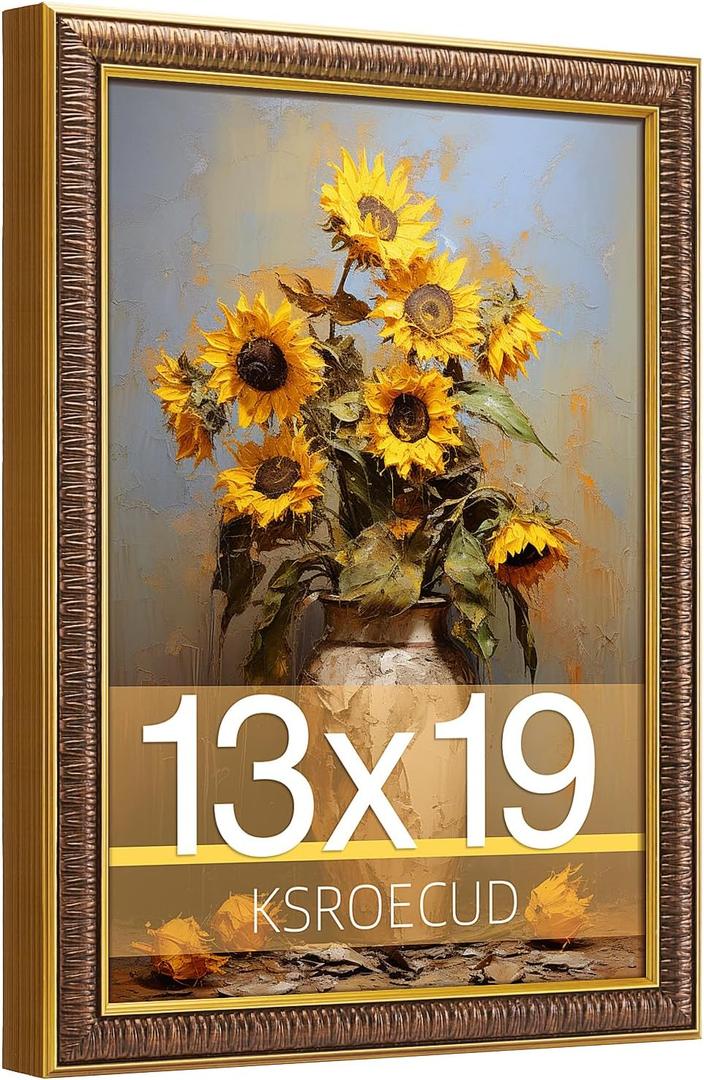13x19 Picture Frame, HD Real Glass 13x19 Vintage Photo Frame, 13 by 19 Poster Frame with Vintage Gold Border Horizontal & Vertical Display for Tabletop or Wall Decor (1 Pack)