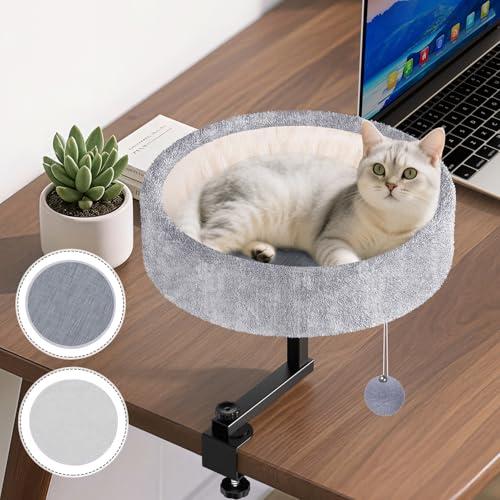 Chumajor Cat Desk Bed - 360 Rotating & Adjustable, Supports 44 lbs, Soft Faux Fur with Dual-Sided Reversible Mat, Modern Indoor Cat Nest Furniture for Office Desks and Game Tables, Island Table