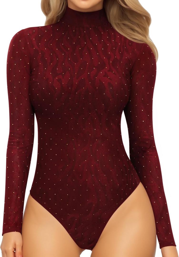 MANGOPOP Women's Mock Turtle Neck Long Sleeve Tops Bodysuit Jumpsuit M