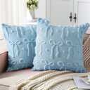 Mixweer Blue Bow Throw Pillow Covers 18x18 Set of 2 Coquette Decorative Pillow Covers Soft Plush Faux Wool Aesthetic Pillowcases Preppy Room Decor for Bed Sofa Couch Living Room