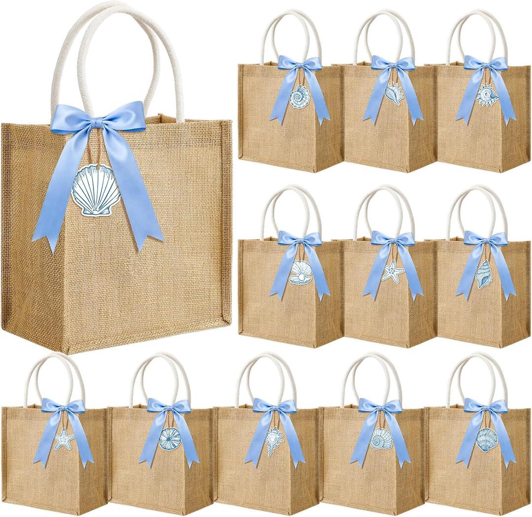 Locmeo 12 Pack Coastal Burlap Bags Last Toast on the Coast Jute Handbags with Blue Ribbon Seashell Tags Reusable Gift Bags for Summer Beach Ocean Bachelorette Party