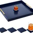Large Square Ottoman Tray 24 x 24 x 2 Inch Wood Serving Tray with 4 Coasters and Metal Handles for Food Coffee Tea Table Sofa Living Room Home Housewarming Gift (Blue)