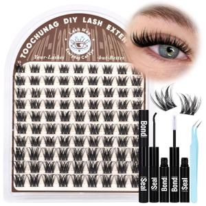 TOOCHUNAG Lash Extension Kit Wispy Lash Clusters Kit Thin Band Cluster Eyelash Extensions Kit Natural Individual Eyelashes Kit DIY Cluster Lashes with Lash Bond and Seal and Tweezers (10-16mm-D)