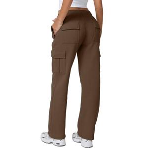 QINSEN Women's Medium Waist Cargo Pants for Casual Elastic Pocket Fleece Sweatpants (Brown, L)