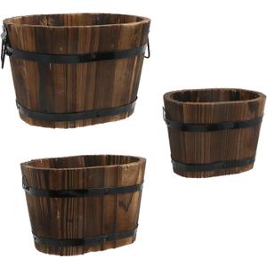 MY MIRONEY 3PCS Wooden Planter Barrel Set Vintage Style Wood Bucket Rustic Garden Flower Plant Pots Container with Metal Handles, Oval, Small, Medium & Large