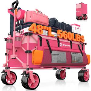 48" L Collapsible Wagon Cart Foldable, 560lbs Weight Capacity 300L Heavy Duty Folding Beach Wagons with Big All-Terrain Wheels, Utility Carts for Groceries, Shopping, Camping, Sports - Pink