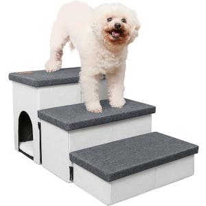 Dog Stairs for High Beds, Folding Pet Steps for Small Dogs and Cats with Storage and Condo, Non-Slip Dog Steps for Couch and Bed up to 22 inches(3 Steps, White-Dark Grey)
