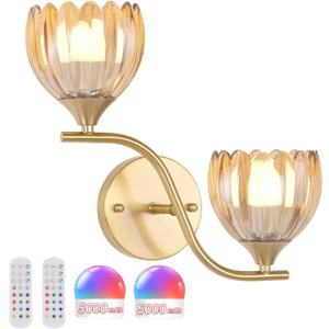 Battery Operated Wall Sconce, 2-Lights Vinatge Brass Wall Lighting with Amber Tluip Shade Rechargeable Bulb with Remote for Living Room, Bedroom (1 pack)